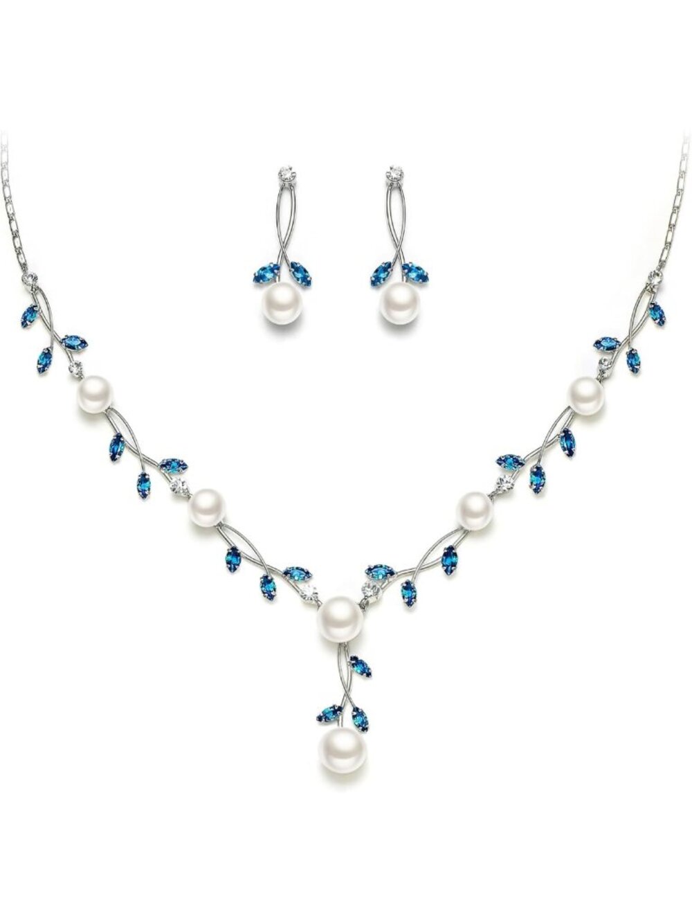 Elegant Pearl & Cubic Zirconia Leaf Vine Wedding Jewelry Set for Brides